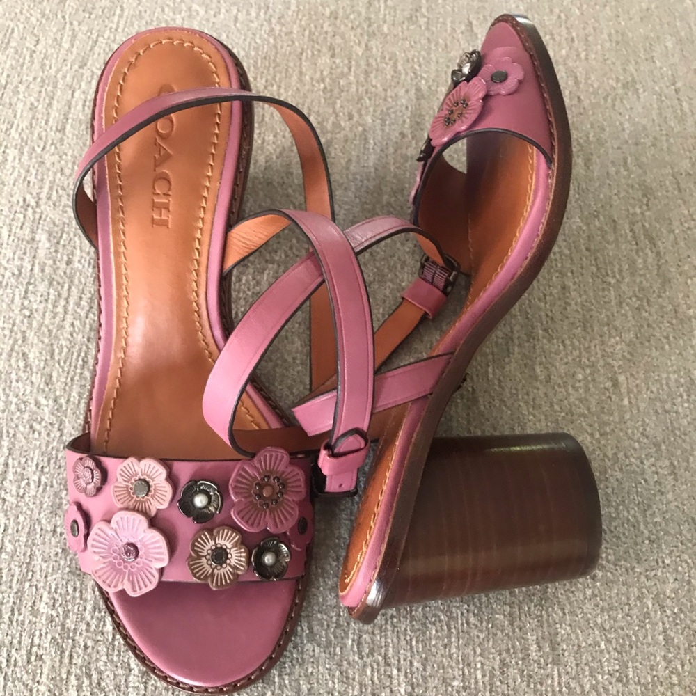 Coach Tea Rose Block Heel Leather Sandals